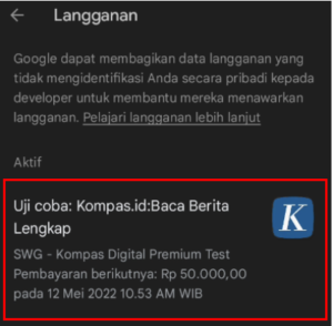 Cara Membatalkan Langganan Kompas.id dari Google Play.
